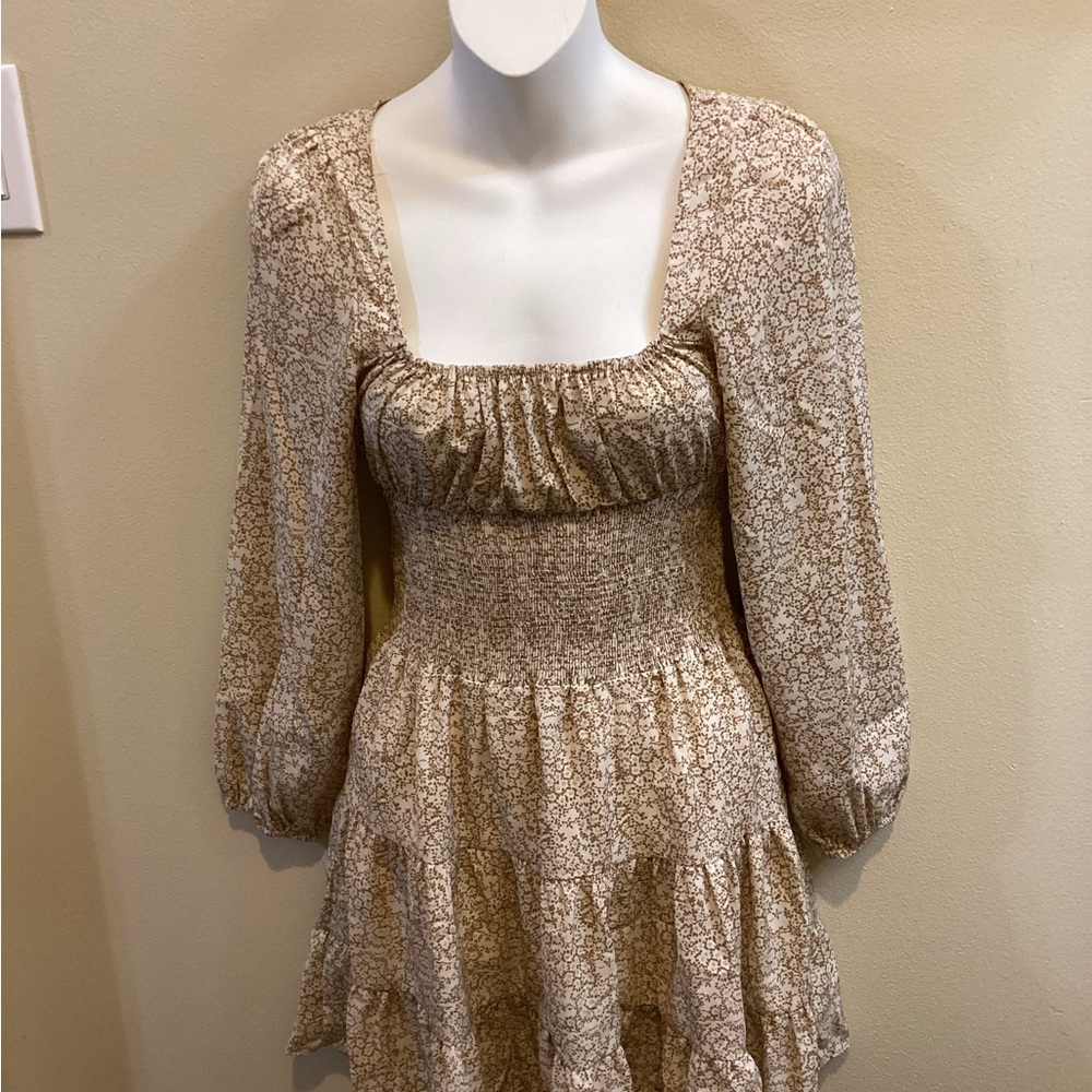 Cream and Tan  Floral Pheasant Style Dress lightweight Summer Dress